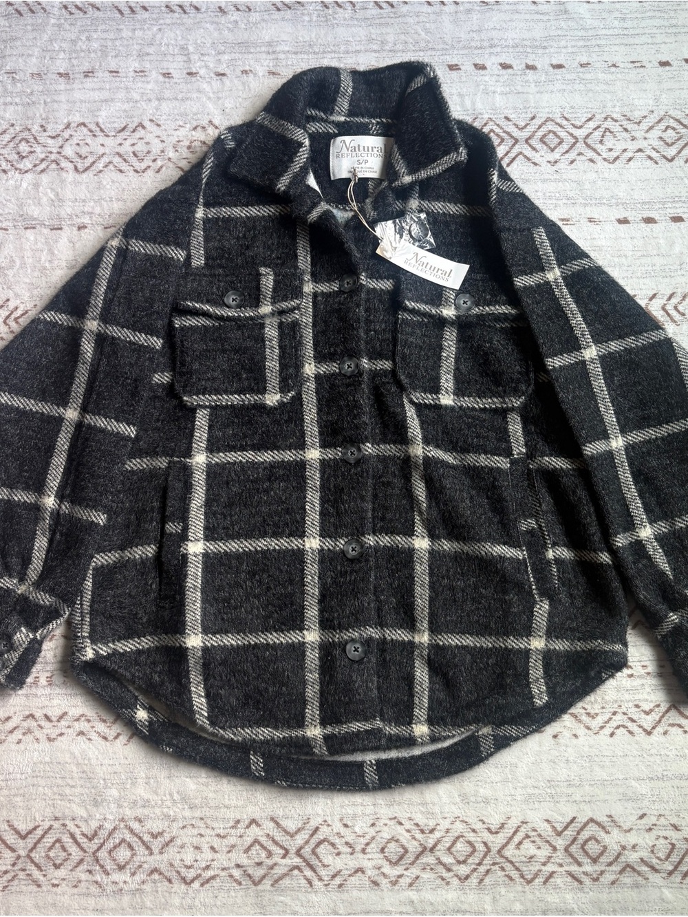 Natural Reflections Black and Cream Plaid Womens  Button-Up Jacket